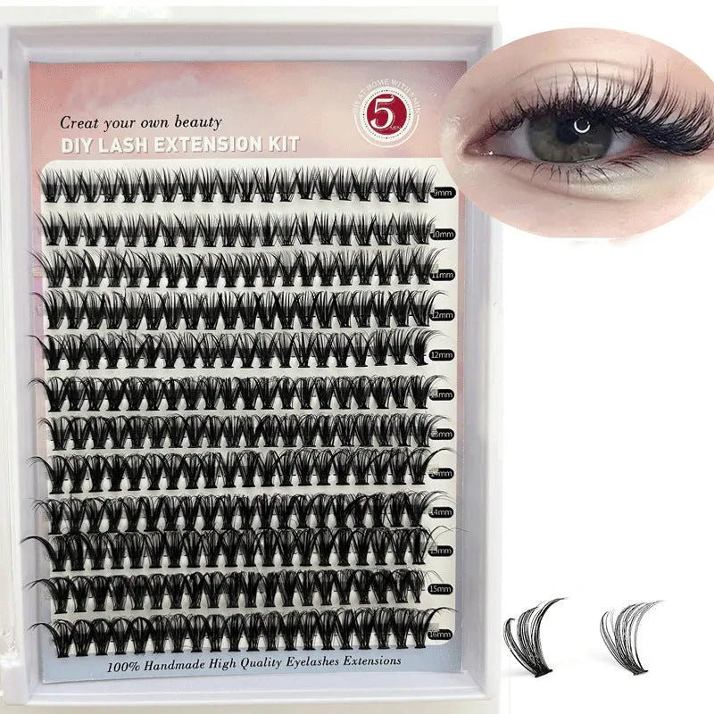 DIY mixed package of cluster false eyelashes showing 30D and 40D high-grade fibre lashes from 9mm to 16mm with tweezers.