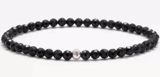 Geometric agate bracelet with obsidian, blue san, and black agate 4mm beads in electroplated finish