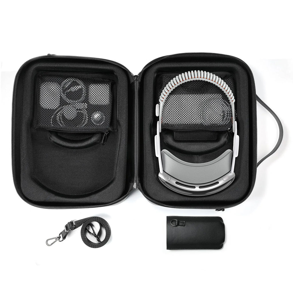 Black superfiber storage box for Apple Vision Pro MR glasses, showing internal dimensions.