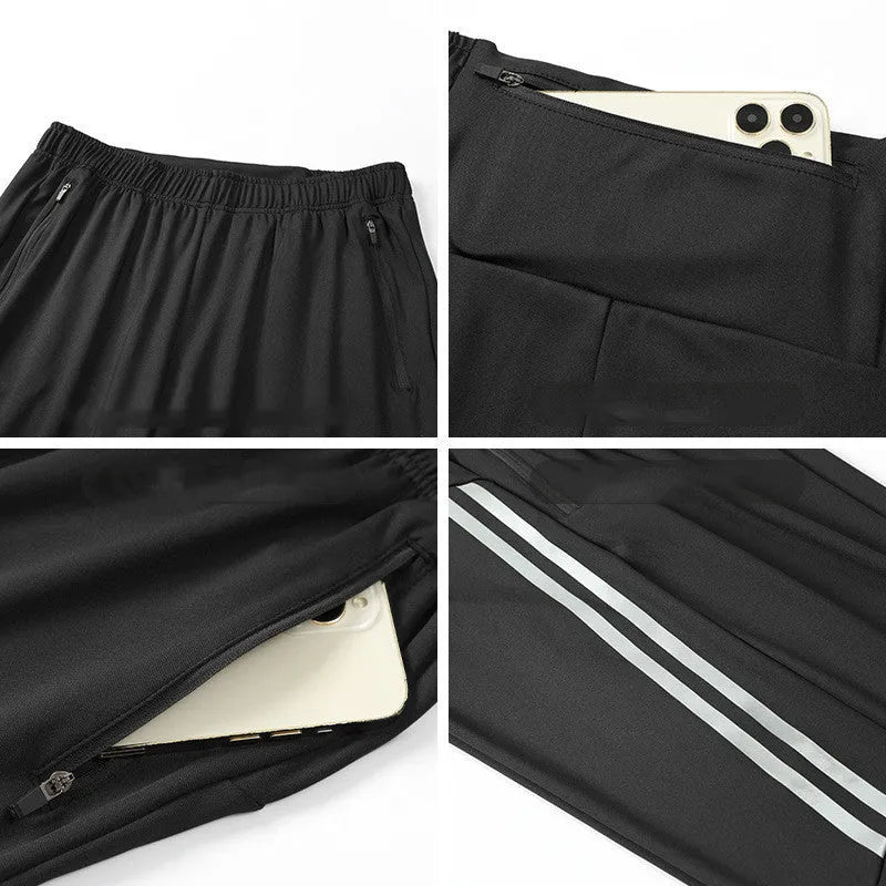 Men's black running trousers with mid-waist design and full-length cut for exercise activities