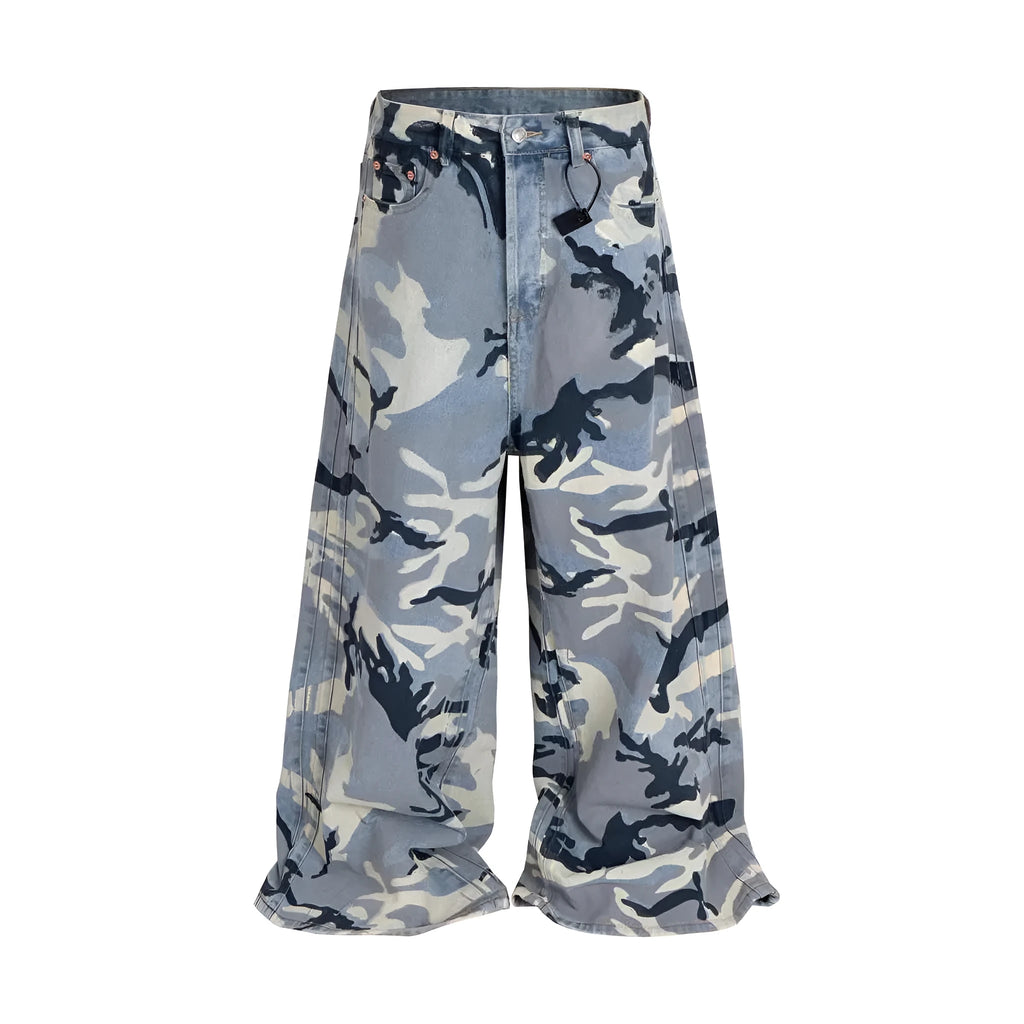 Snow camouflage blue loose-fit jeans with micro-elastic cotton denim fabric and mid-waist design