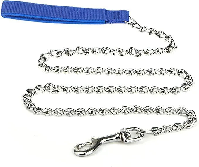 Heavy duty metal dog leash with soft padded handle and chew-proof chain in black, blue, or red.
