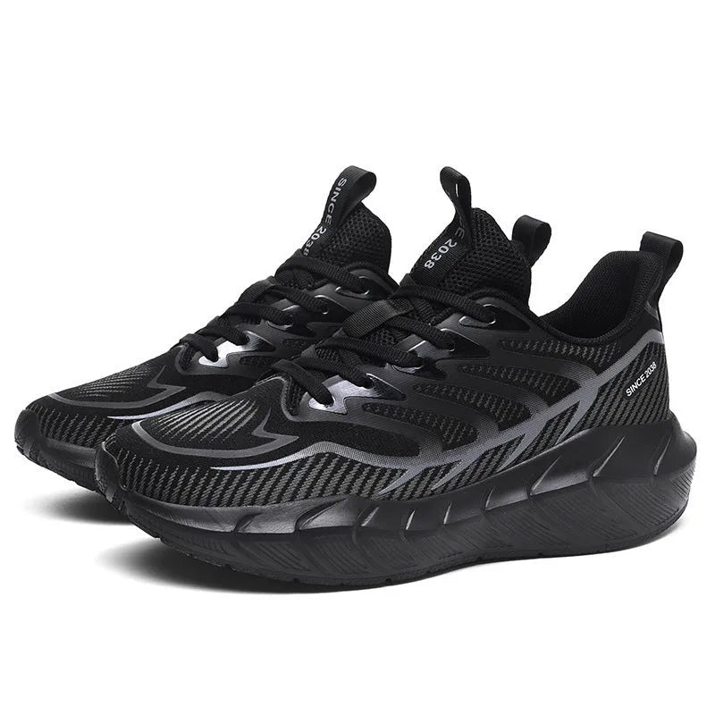 Men's low-top platform running sneakers with hollow-out synthetic leather upper and non-slip rubber sole in dark night black