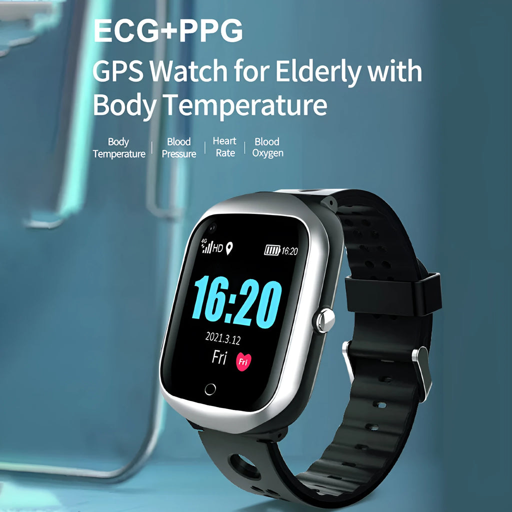 Square screen GPS tracking watch for elderly with SOS button and silicone strap in three colour options