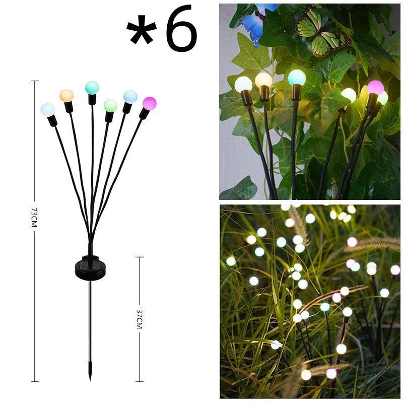 Solar-powered LED garden ground light with multiple light heads and a stainless steel spike for installation.