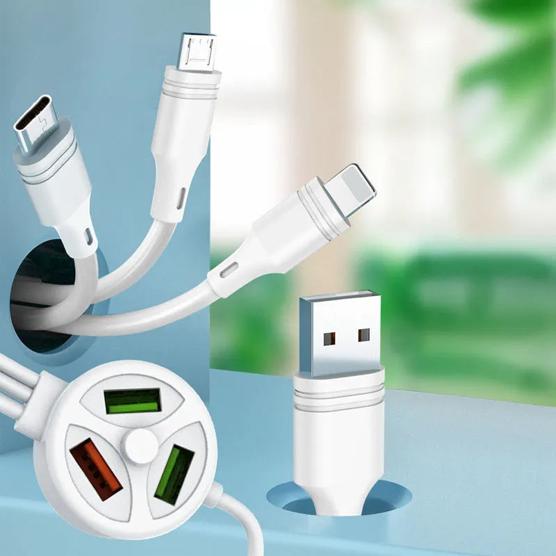3U interface mobile charging cable with USB, Micro USB and TYPE-C connectors, 1.2 metres long