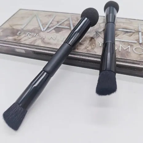 Double-headed miter sponge concealer brush with black wooden handle