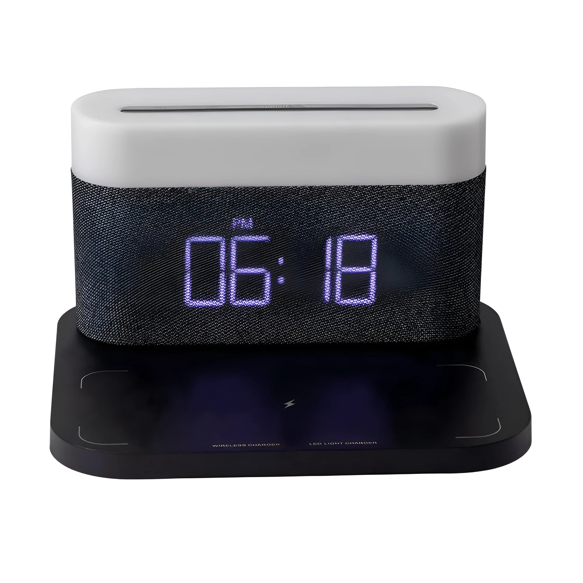 Black and white minimalist wireless charging station with digital clock, night light, and thermal cup.
