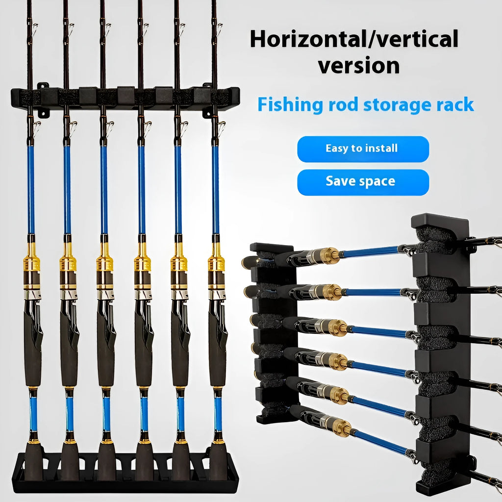 Black ABS plastic wall-mounted fishing rod holder in horizontal and upright styles.