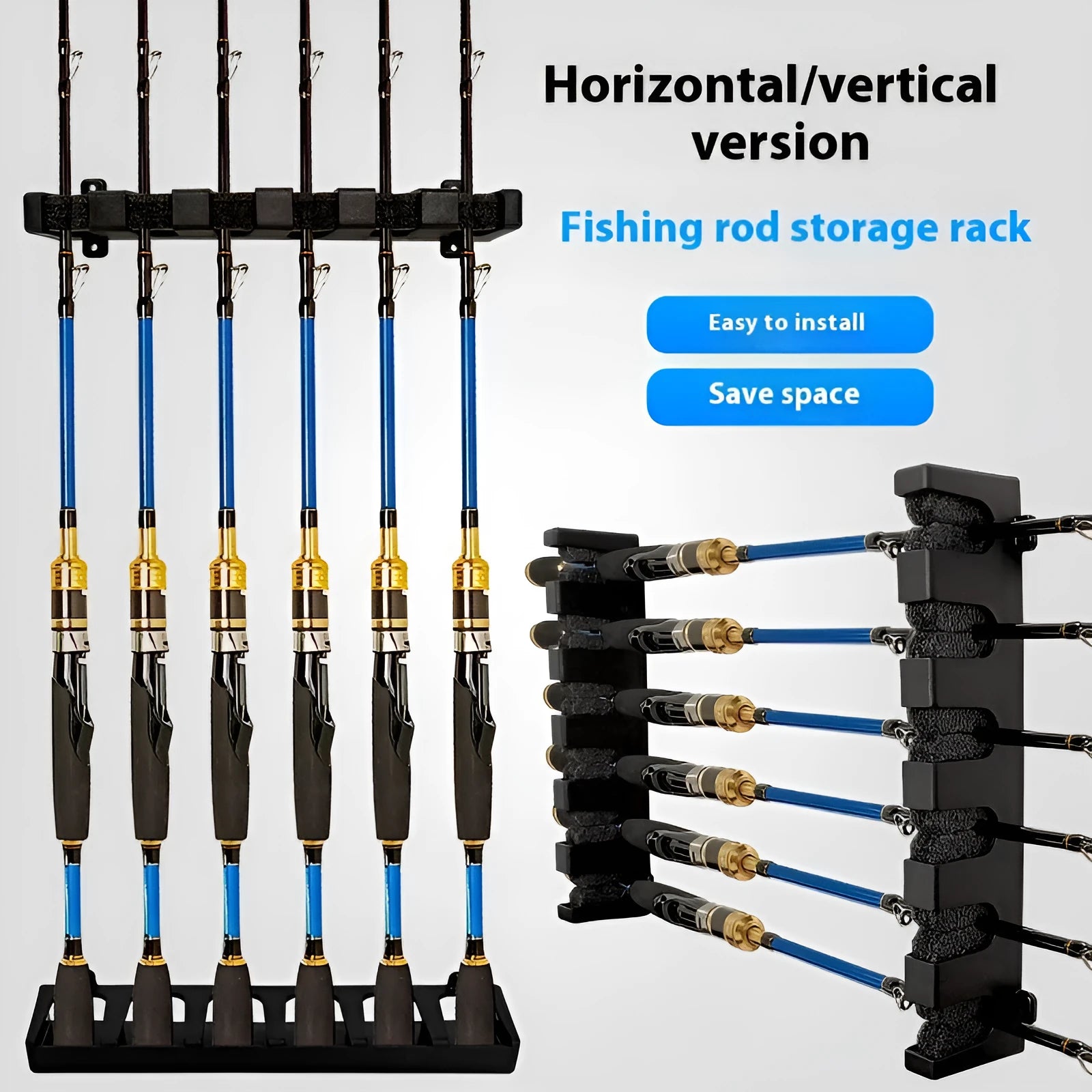 Black ABS plastic wall-mounted fishing rod holder in horizontal and upright styles.