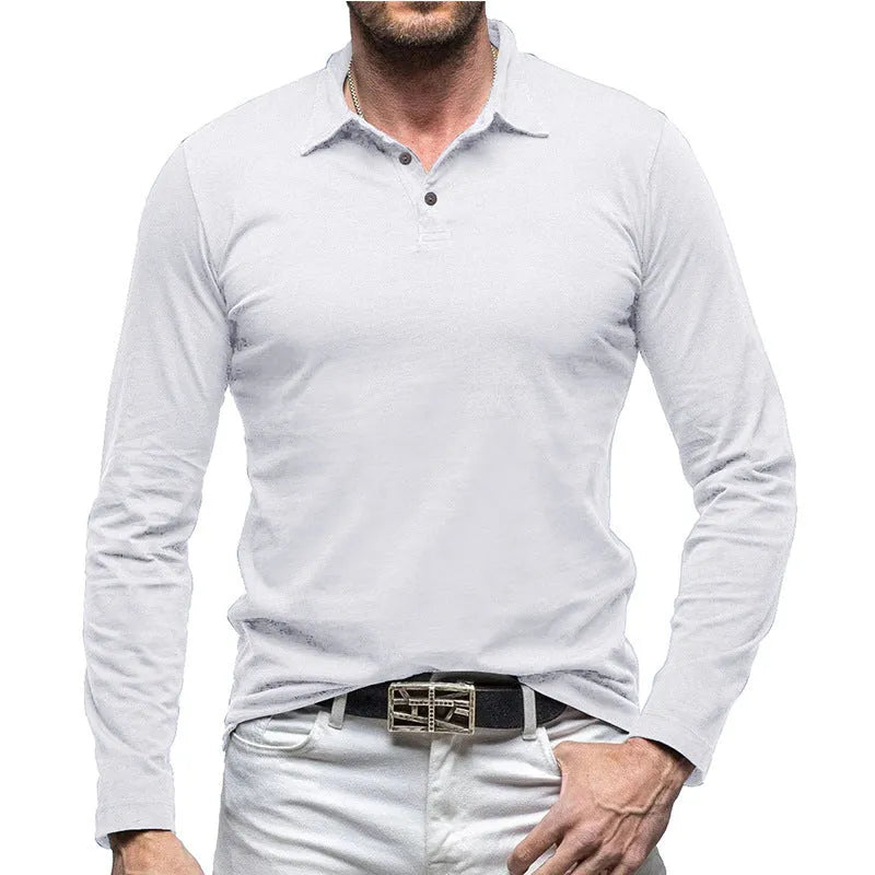 Men's dark grey long sleeve cotton t-shirt with a polo collar, American retro style, laid flat.