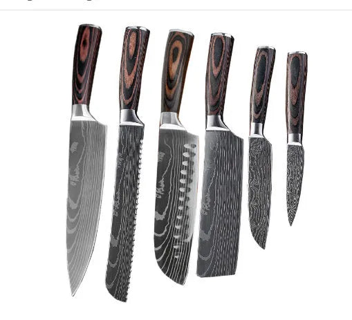 Chef knife with laser Damascus pattern blade, colour steel handle, showing 18cm blade length