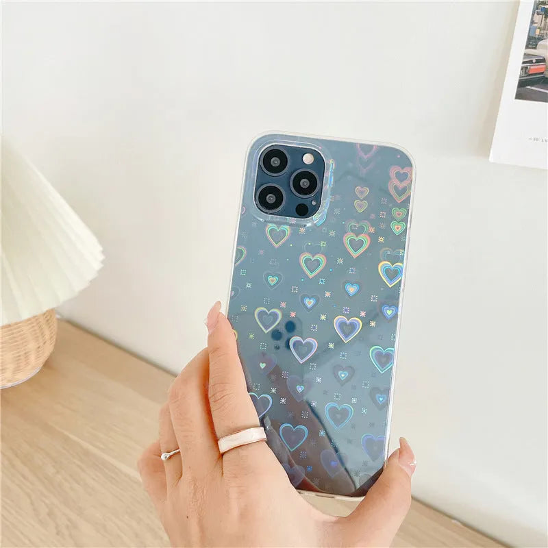Transparent silicone iPhone case with laser butterfly pattern showing phone compatibility