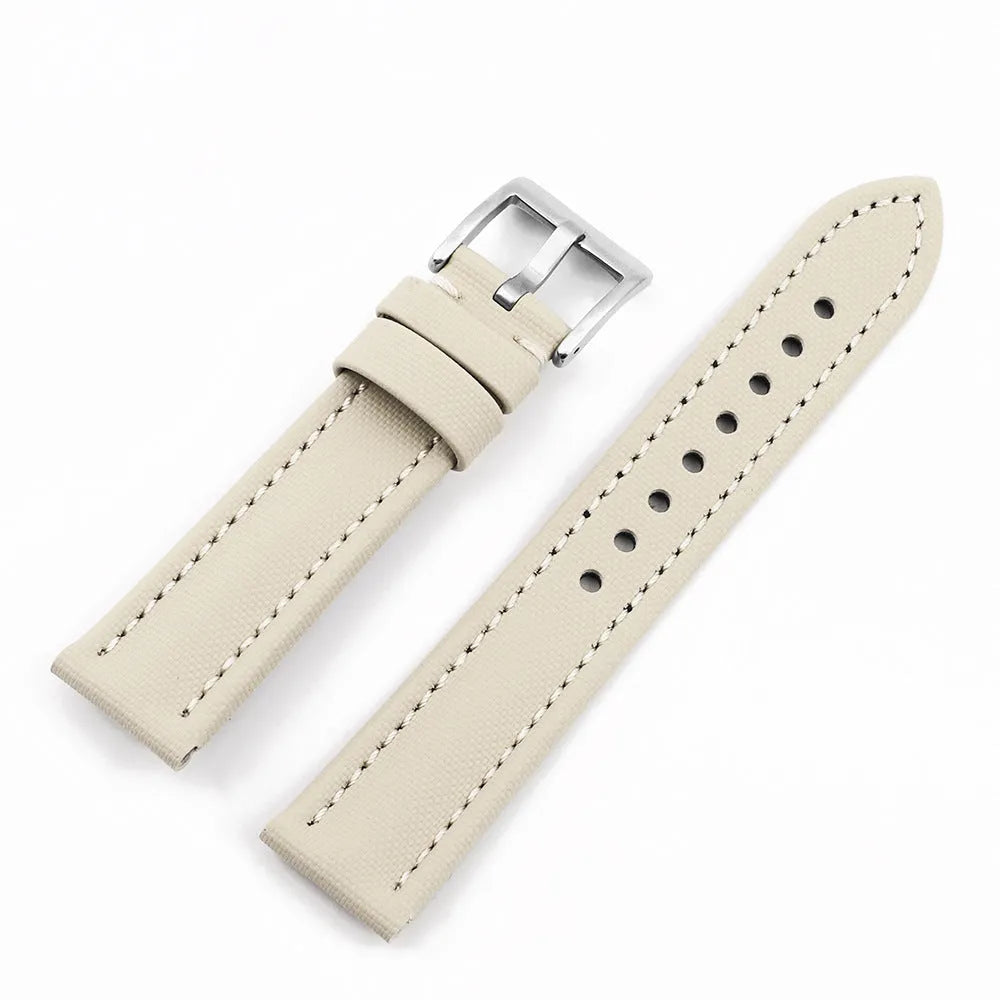 Oxford water-repellent cloth leather watch strap in beige with stitch detail on white background