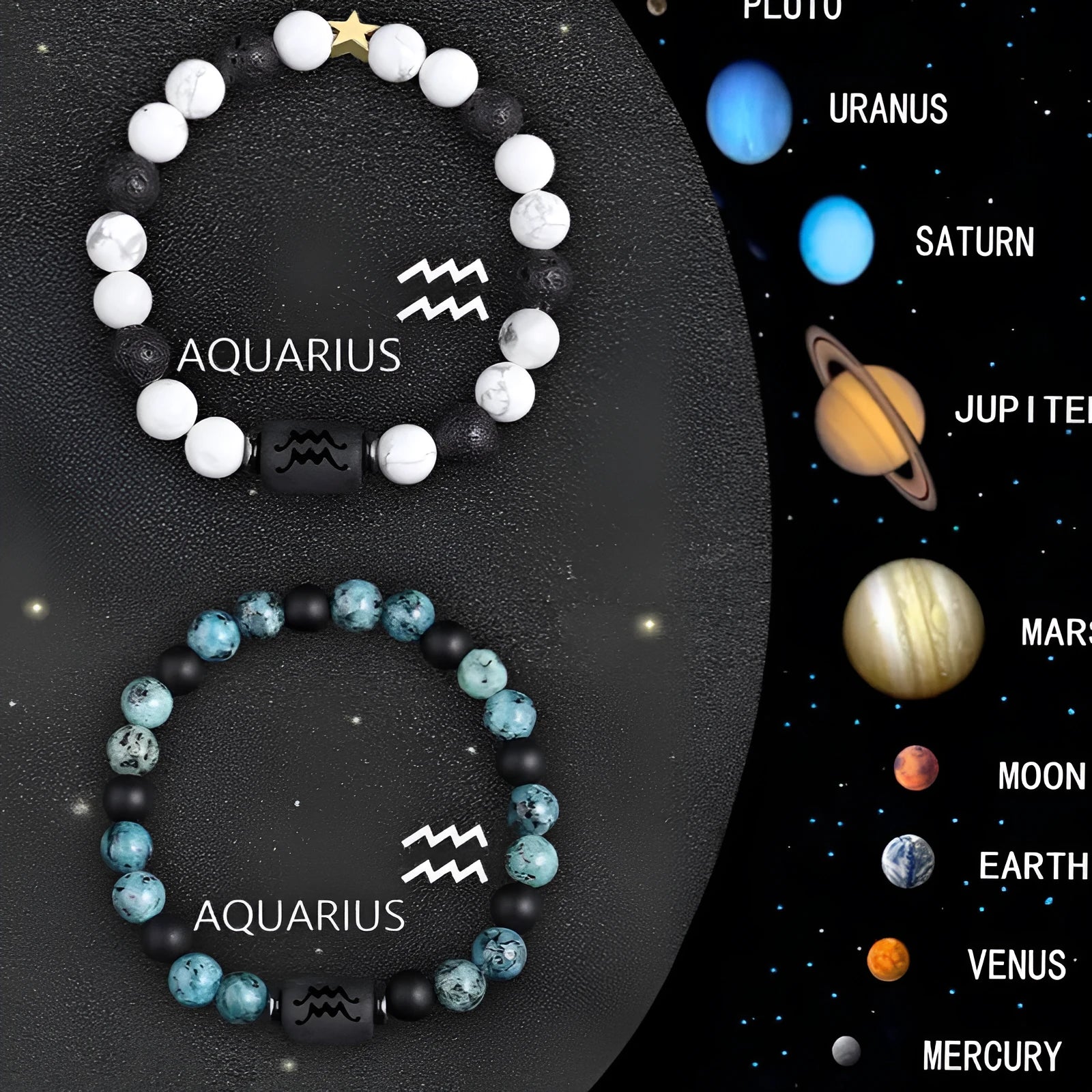 Natural stone beaded zodiac bracelets showing twelve different birth sign designs on elastic cords