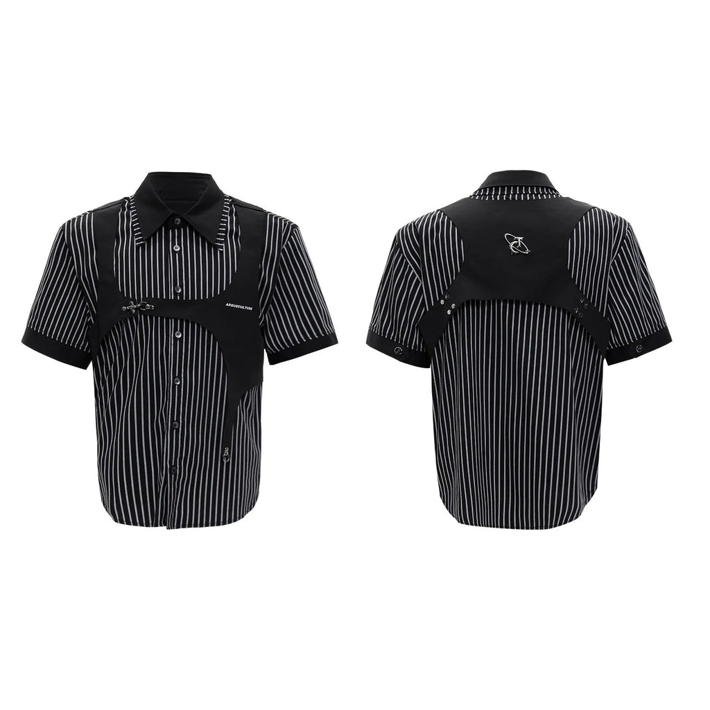 Man wearing a black and white striped cotton shirt with a distinctive double lapel collar design.