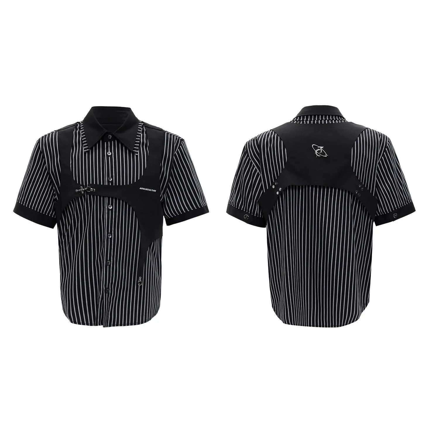 Man wearing a black and white striped cotton shirt with a distinctive double lapel collar design.