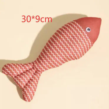 Catnip-filled fabric fish toy in blue, red or yellow available in large, medium and small sizes