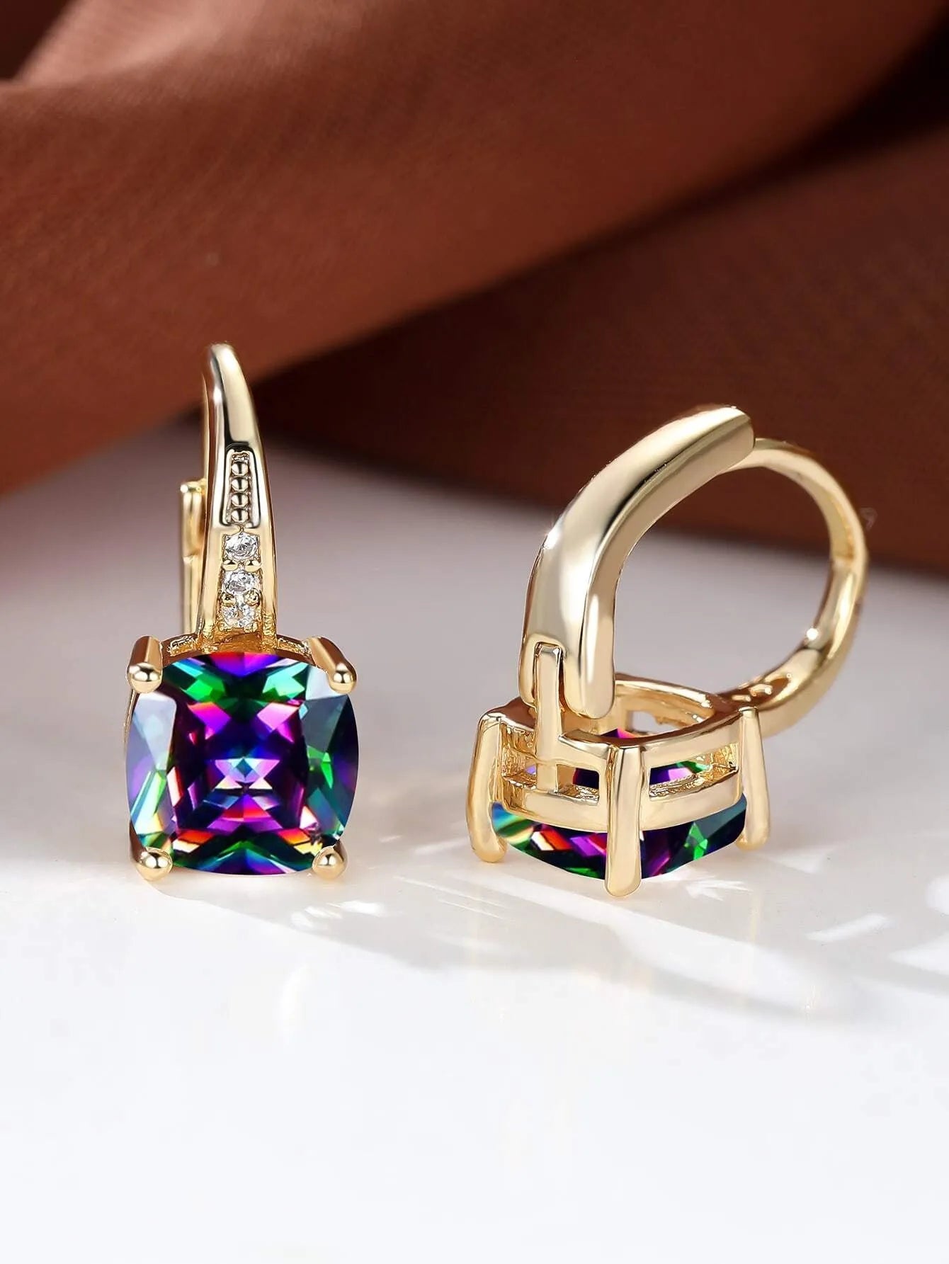 Geometric square colourful moissanite ear clips with electroplated copper construction