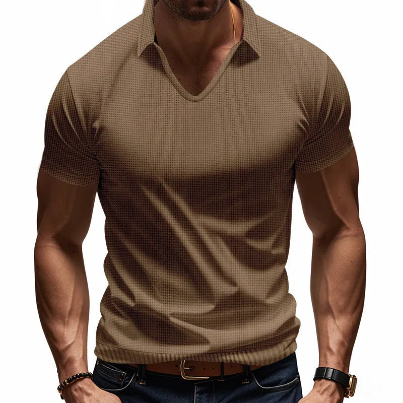 Men's casual V-neck loose fit short sleeve t-shirt in cotton blend fabric shown in multiple colour options