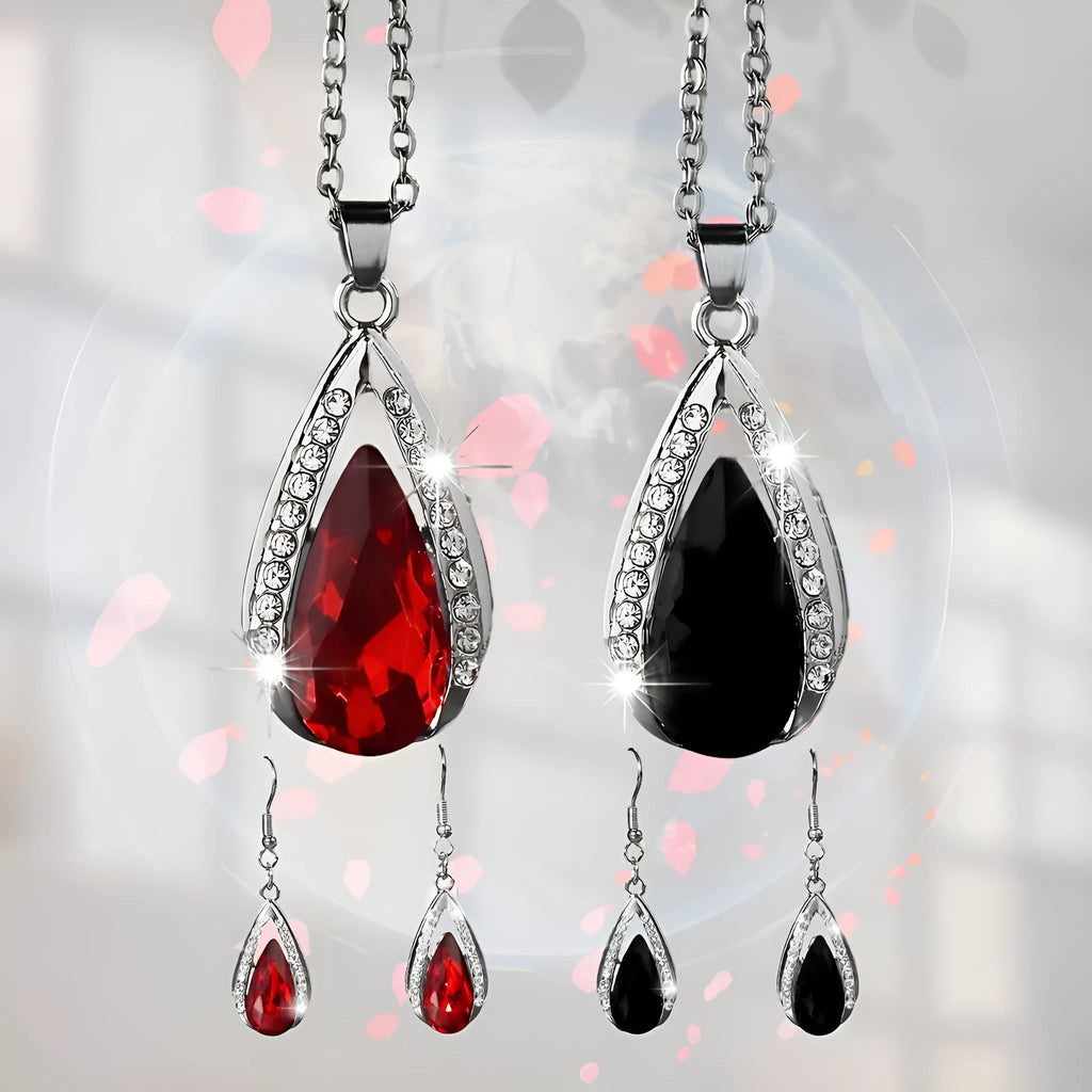 Black and red teardrop glass pendant alloy necklace and matching earrings set