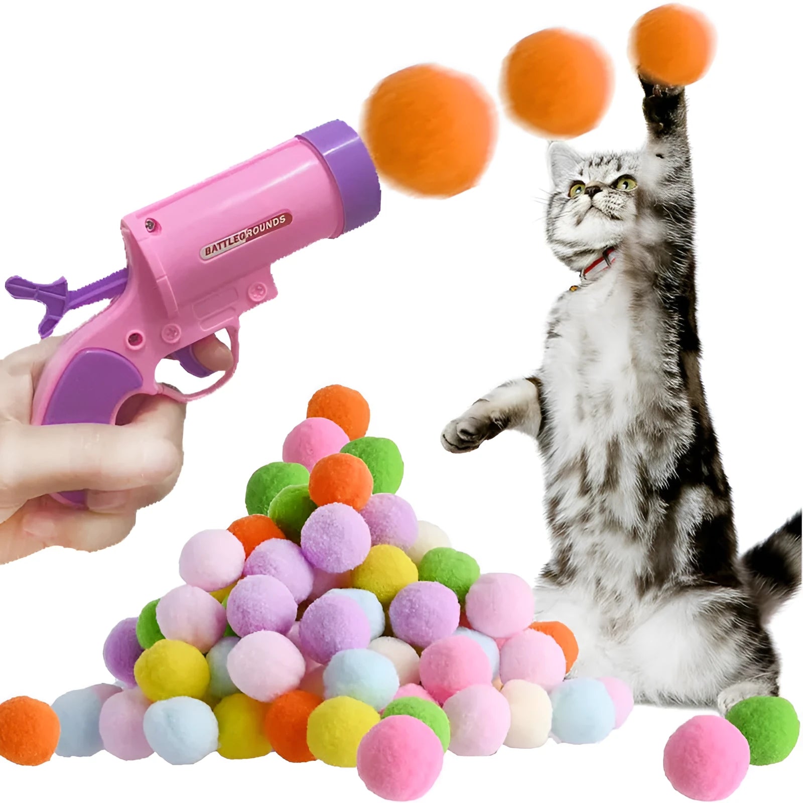 Cat toy pompons gun mute ball polyester interactive set with firing gun for indoor play