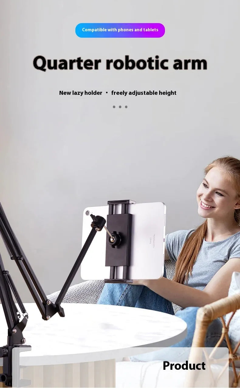 Black metal desktop cantilever bracket holding tablet with adjustable arms and folding mechanism