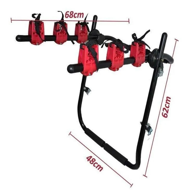 Black and red trunk-mounted bicycle rack with iron frame and choice of tie rope or pull belt straps