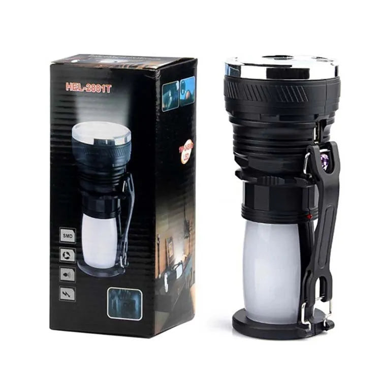 Black solar charging LED flashlight with USB port and press switch on ABS body