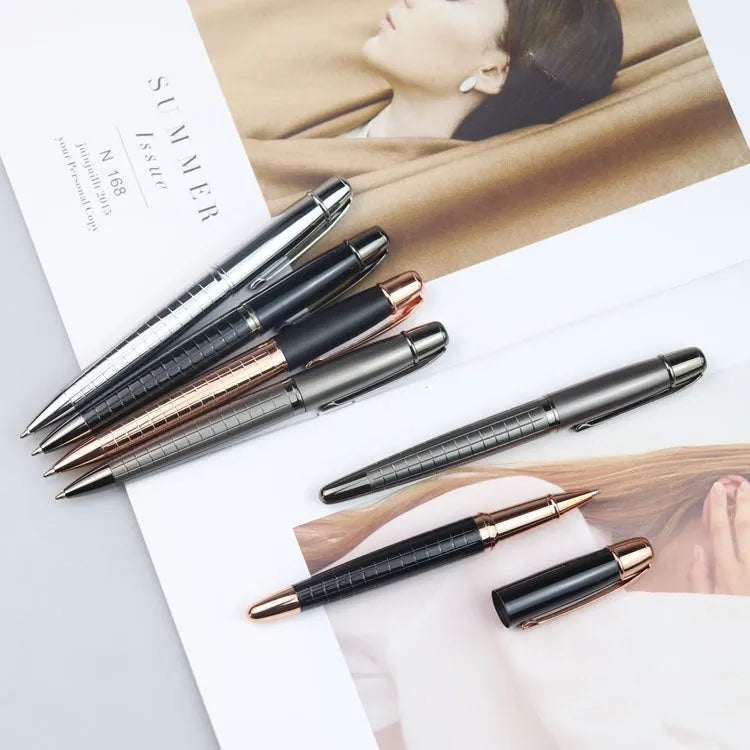 Gun grey metal rollerball pen for business use with black and blue refill options