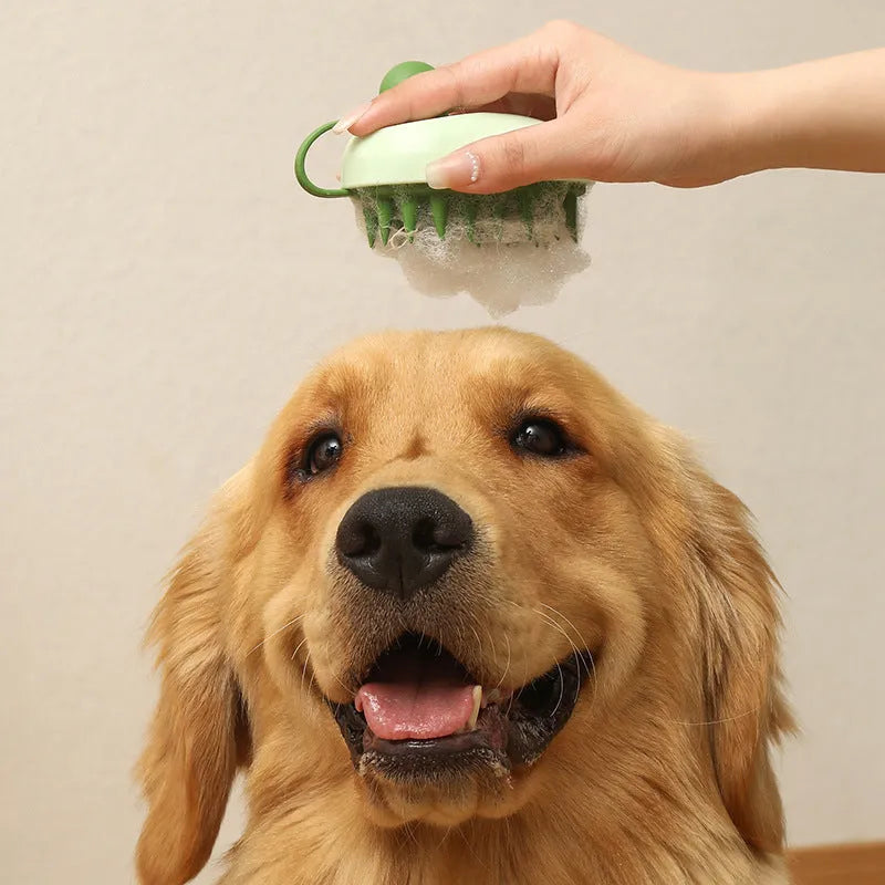 Soft silicone pet hair remover and massage brush for dogs in blue colour with ABS handle.