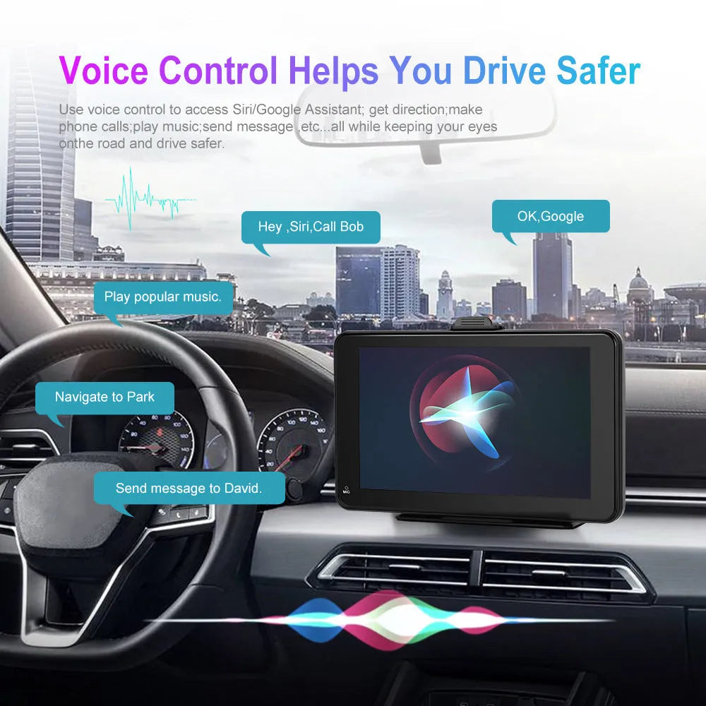 7inch HD wired car media player with suction cup mount and auxiliary cable on vehicle dashboard