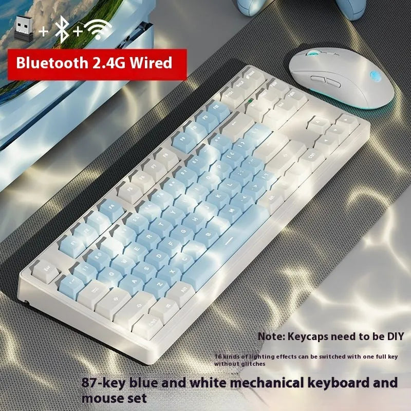 Wireless mechanical keyboard with three connection modes, shown in a choice of 87-key or 108-key layouts and various colour themes.
