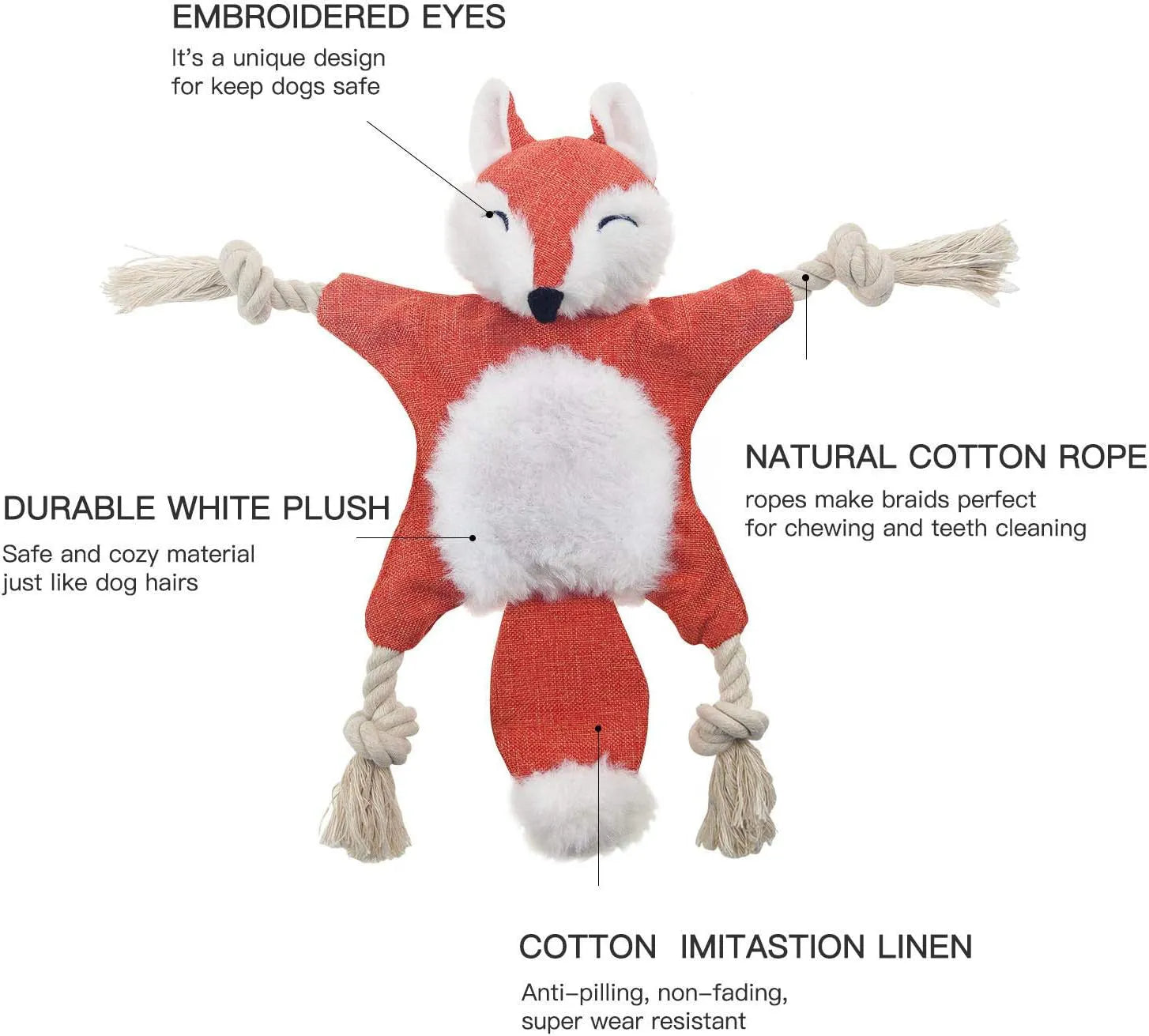 Brown plush fox dog toy with embroidered eyes, rope arms, and a squeaker in its head.
