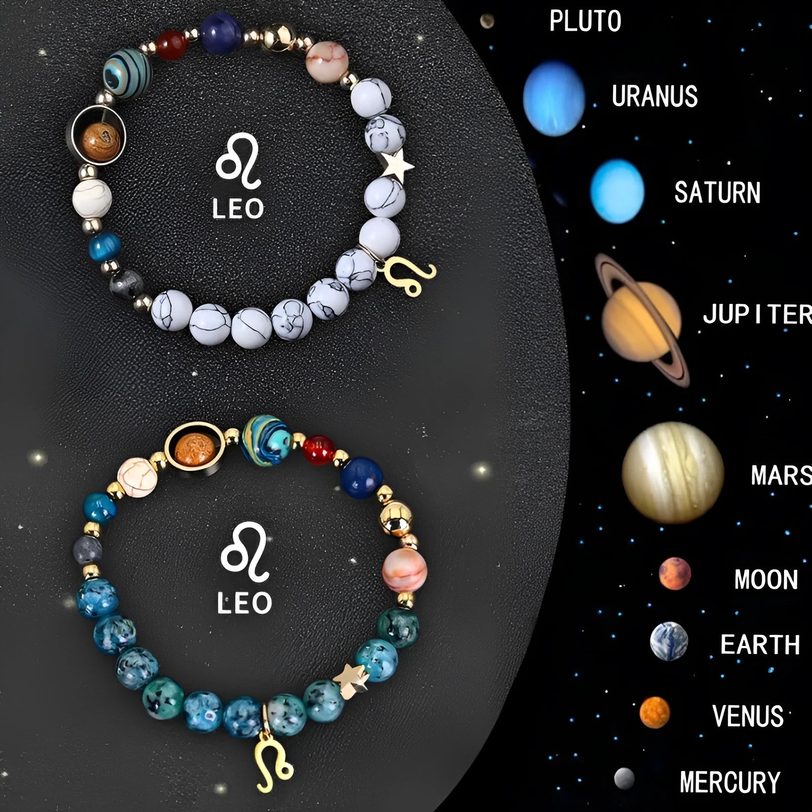 Two natural stone beaded bracelets with adjustable cords on a surface, representing a zodiac sign jewellery set.