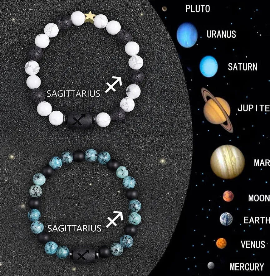 Natural stone beaded zodiac bracelets showing twelve different birth sign designs on elastic cords