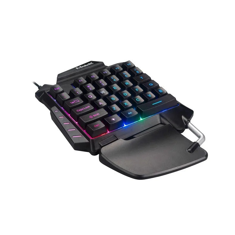 Black one-handed throne converter gaming keyboard for left-hand control with USB cable and wrist rest
