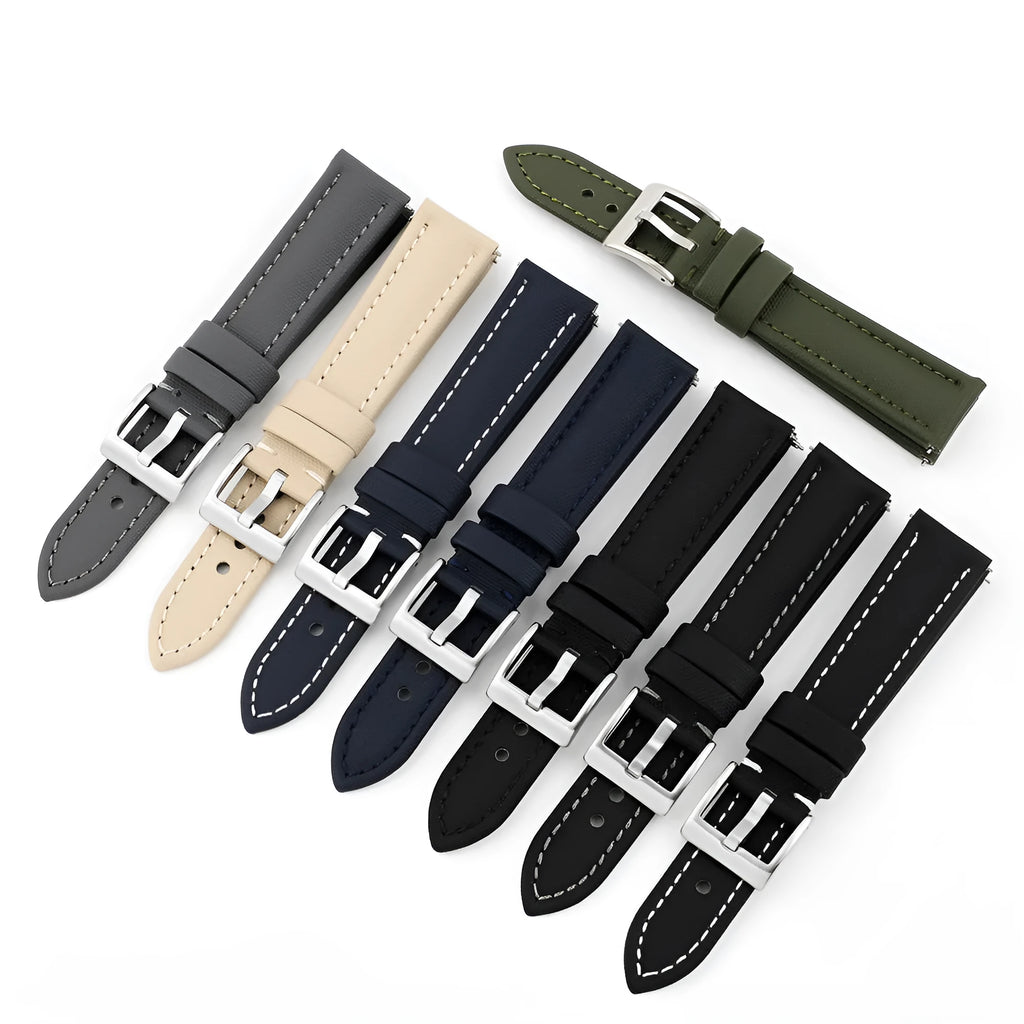 Oxford water-repellent cloth leather watch strap in beige with stitch detail on white background