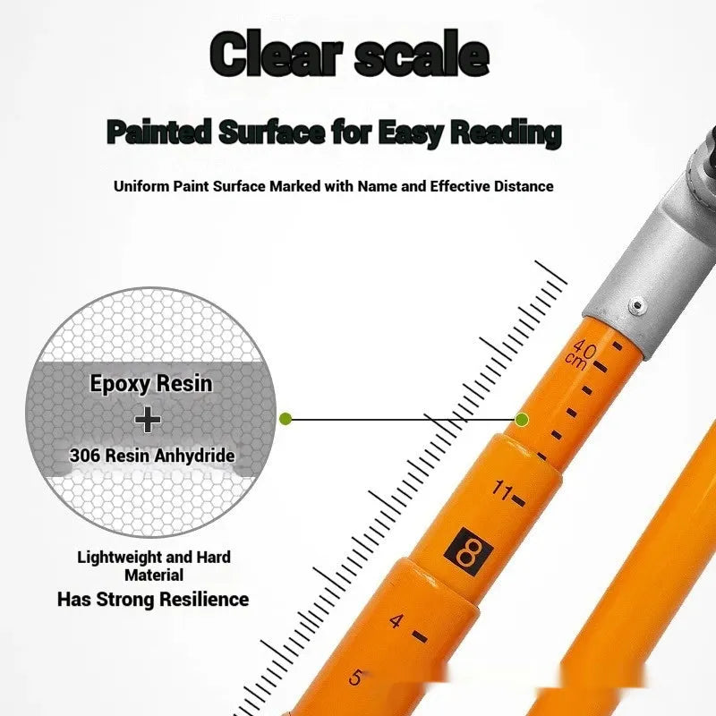 Telescopic cargo truck height measuring rod extended vertically, showing clear measurement scales on a glass fibre pole.