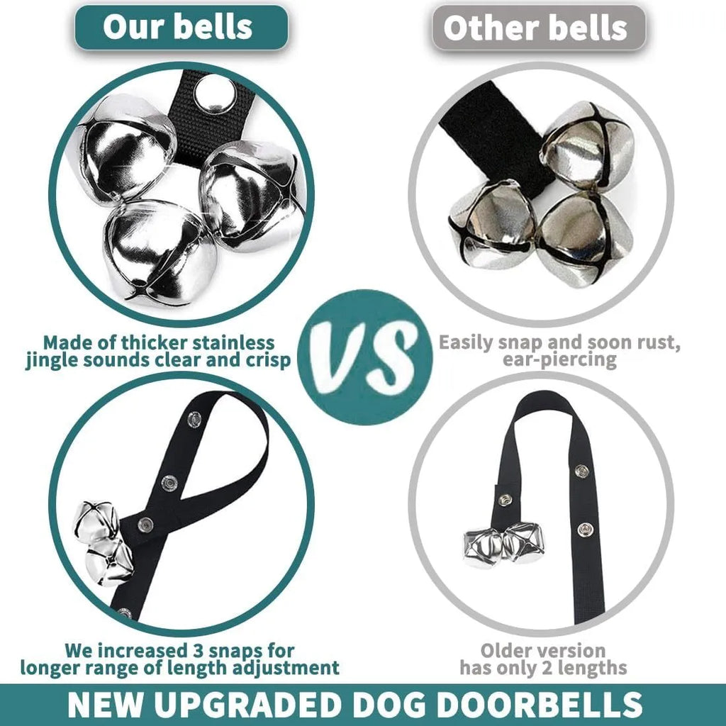 Adjustable dog training doorbell with 7 silver metal bells on nylon leash