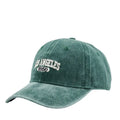 Retro personalised distressed embroidered peaked cap in beige colour with adjustable strap and conical crown.
