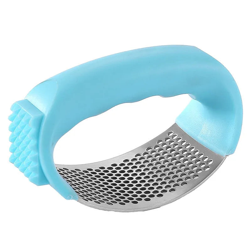 Stainless steel garlic press kitchen utensil in black, blue, green or pink colour measuring 11x7cm
