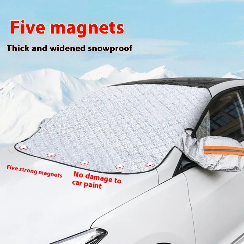 Large silver aluminium foil car windscreen cover for SUVs with five black magnets and reflective strips.