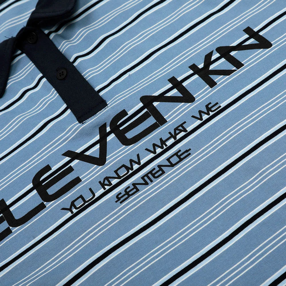 Blue stripe vintage short-sleeved polo shirt with loose fit on man