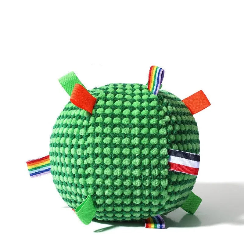 Blue pineapple lattice pattern rolling ball dog toy with squeaker measuring 17cm in diameter