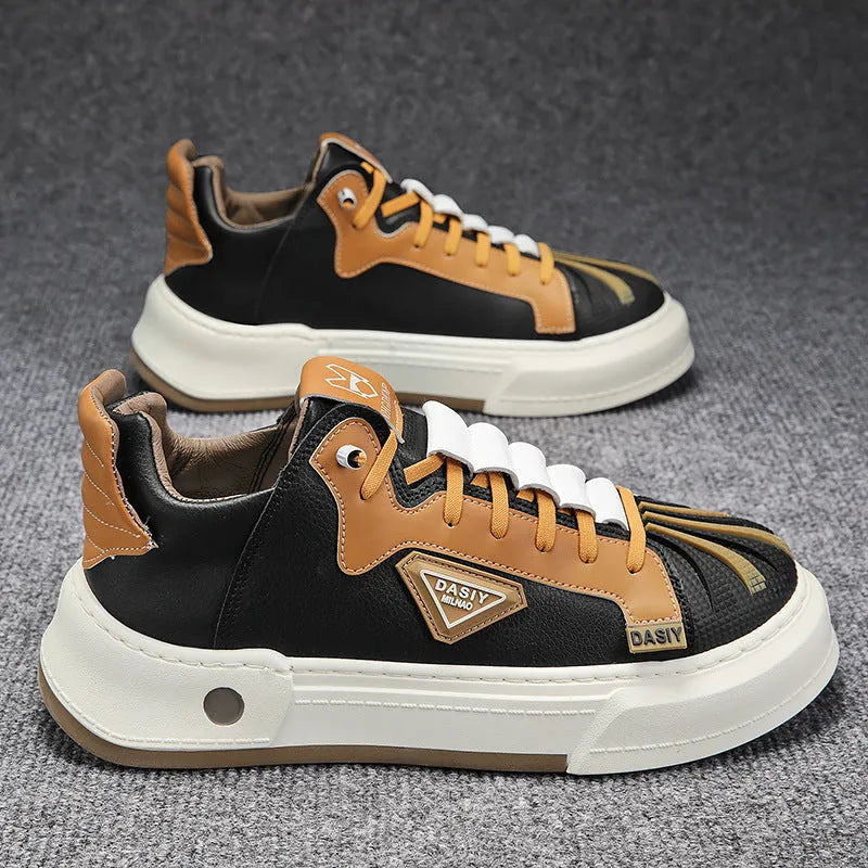 Men's beige low-top sneakers with elastic band and leather stitching details