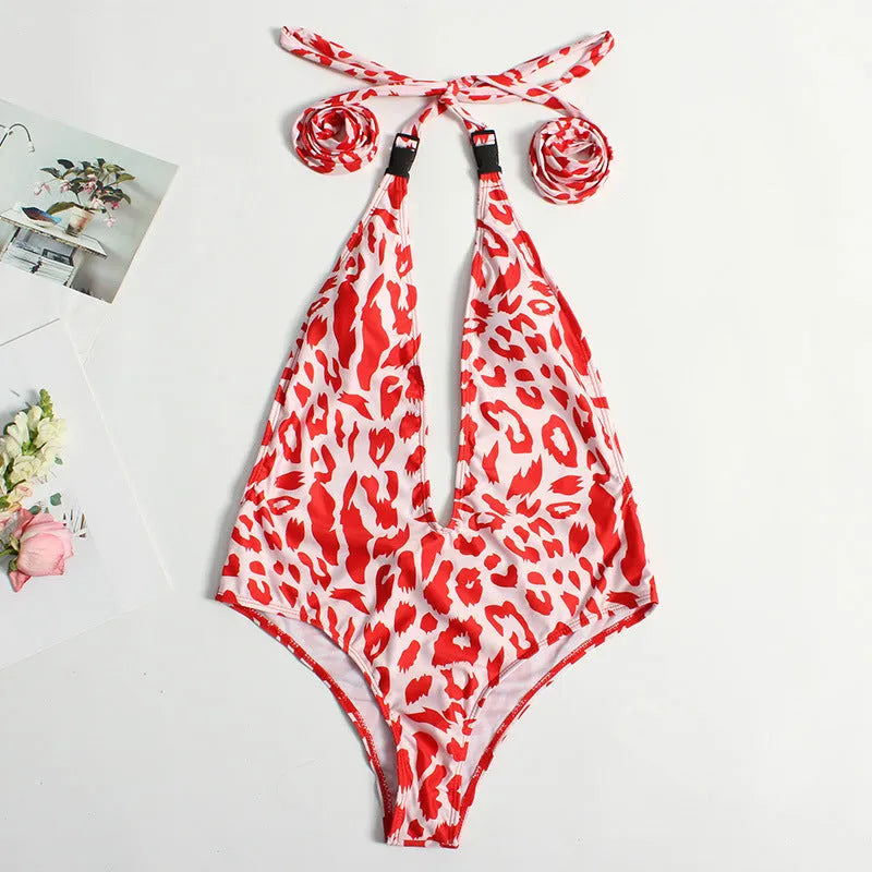Backless one-piece leopard print swimsuit for women in red, snakeskin, yellow, silver white colours