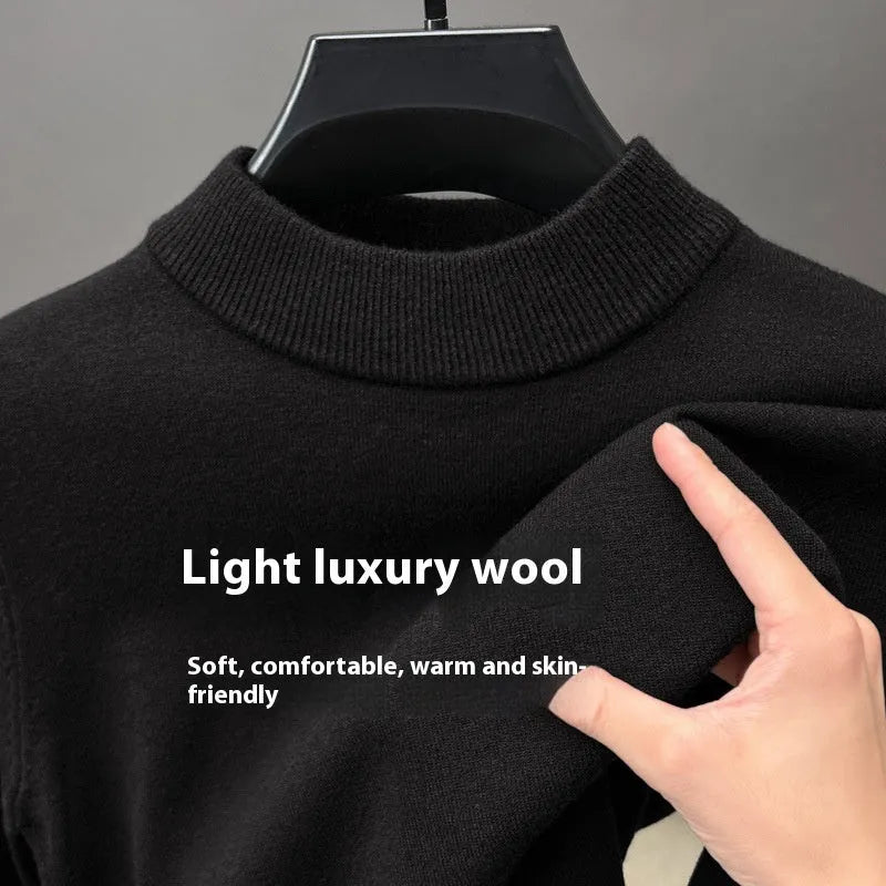 Men's solid colour fine wool half turtleneck long sleeve pullover on a hanger
