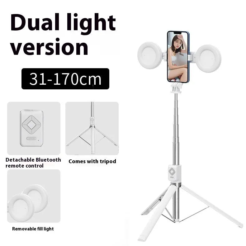 T11 aluminium alloy selfie stick with dual light, available in black and white colours