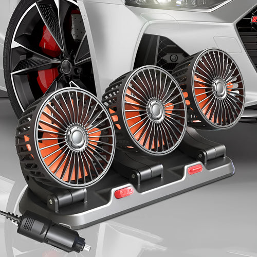 12V three head automotive electric cooling fan with adjustable heads and long power cable.
